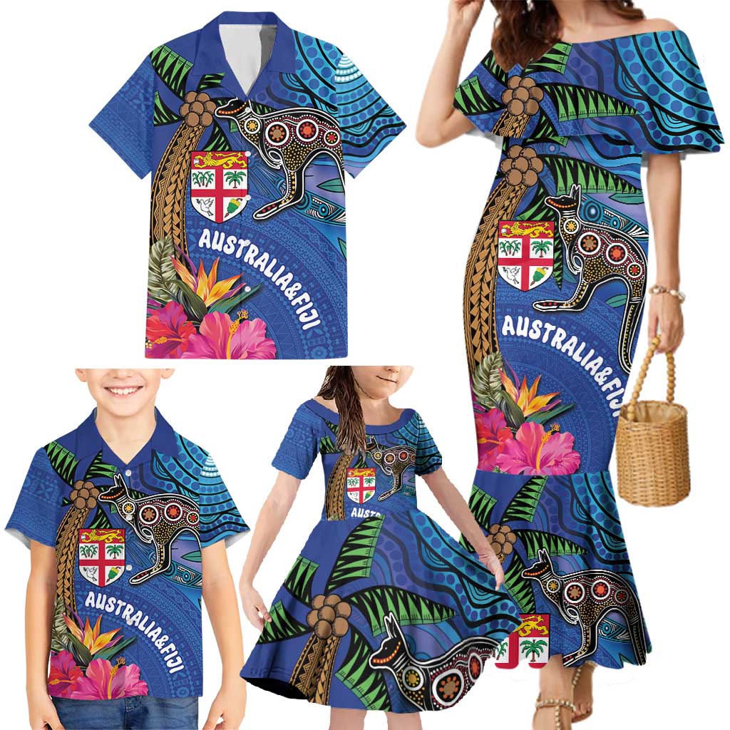 Fiji and Australia Together Family Matching Mermaid Dress and Hawaiian Shirt Aboriginal Kangaroo and Tapa Tribal Hibiscus LT03 - Polynesian Pride