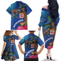 Fiji and Australia Together Family Matching Off The Shoulder Long Sleeve Dress and Hawaiian Shirt Aboriginal Kangaroo and Tapa Tribal Hibiscus LT03 - Polynesian Pride