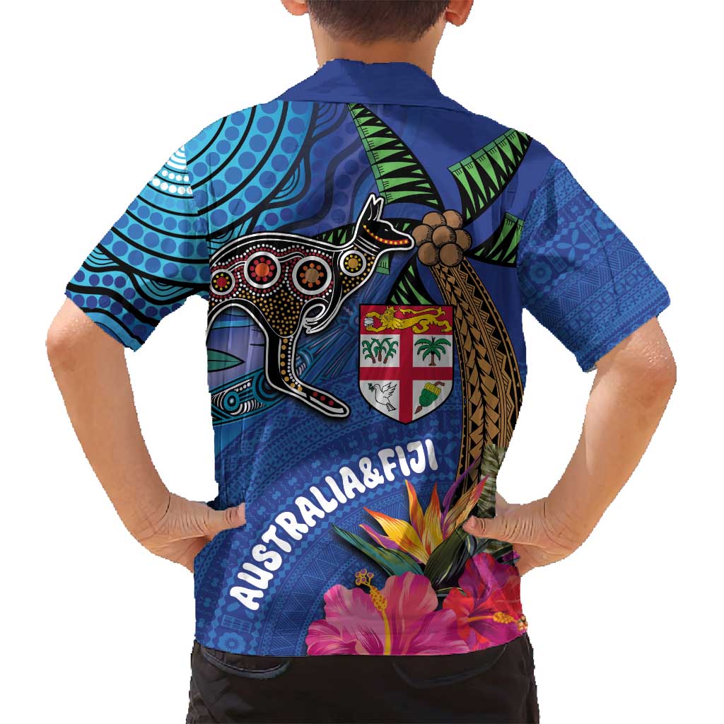 Fiji and Australia Together Family Matching Off Shoulder Maxi Dress and Hawaiian Shirt Aboriginal Kangaroo and Tapa Tribal Hibiscus LT03 - Polynesian Pride