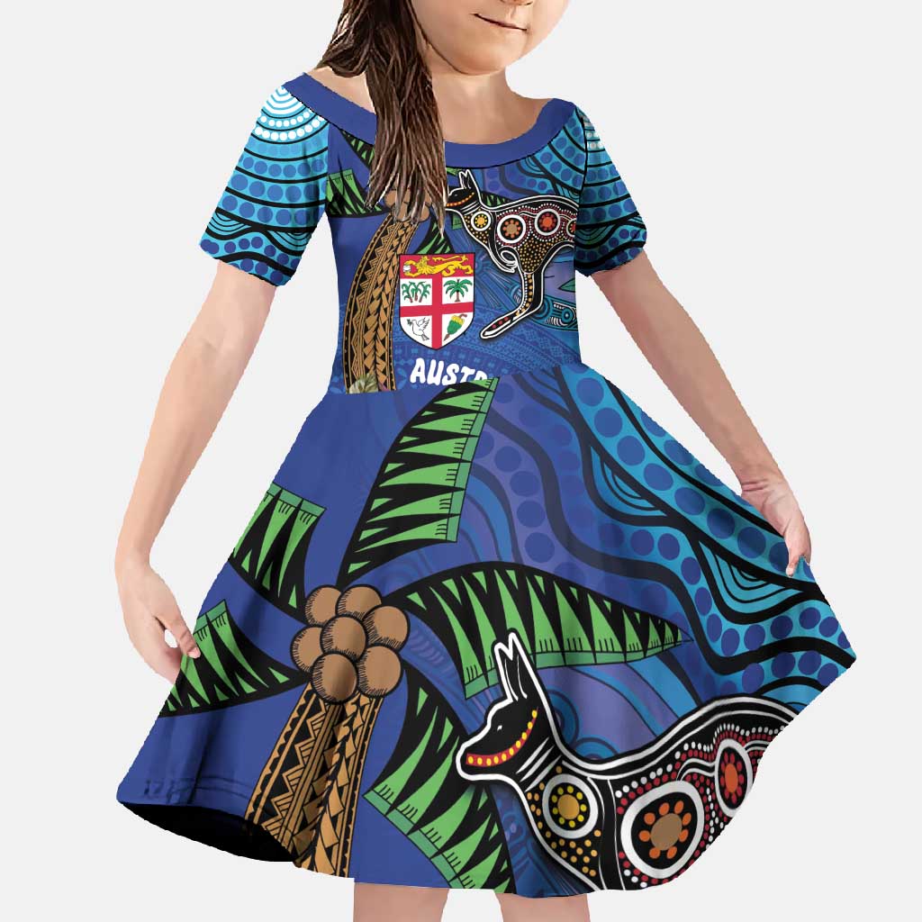 Fiji and Australia Together Family Matching Off Shoulder Maxi Dress and Hawaiian Shirt Aboriginal Kangaroo and Tapa Tribal Hibiscus LT03 Daughter's Dress Blue - Polynesian Pride