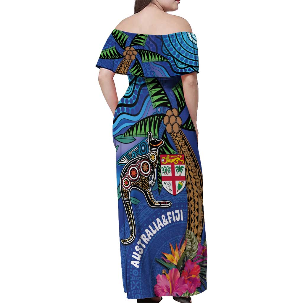 Fiji and Australia Together Family Matching Off Shoulder Maxi Dress and Hawaiian Shirt Aboriginal Kangaroo and Tapa Tribal Hibiscus LT03 - Polynesian Pride