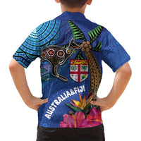 Fiji and Australia Together Family Matching Off Shoulder Short Dress and Hawaiian Shirt Aboriginal Kangaroo and Tapa Tribal Hibiscus LT03 - Polynesian Pride