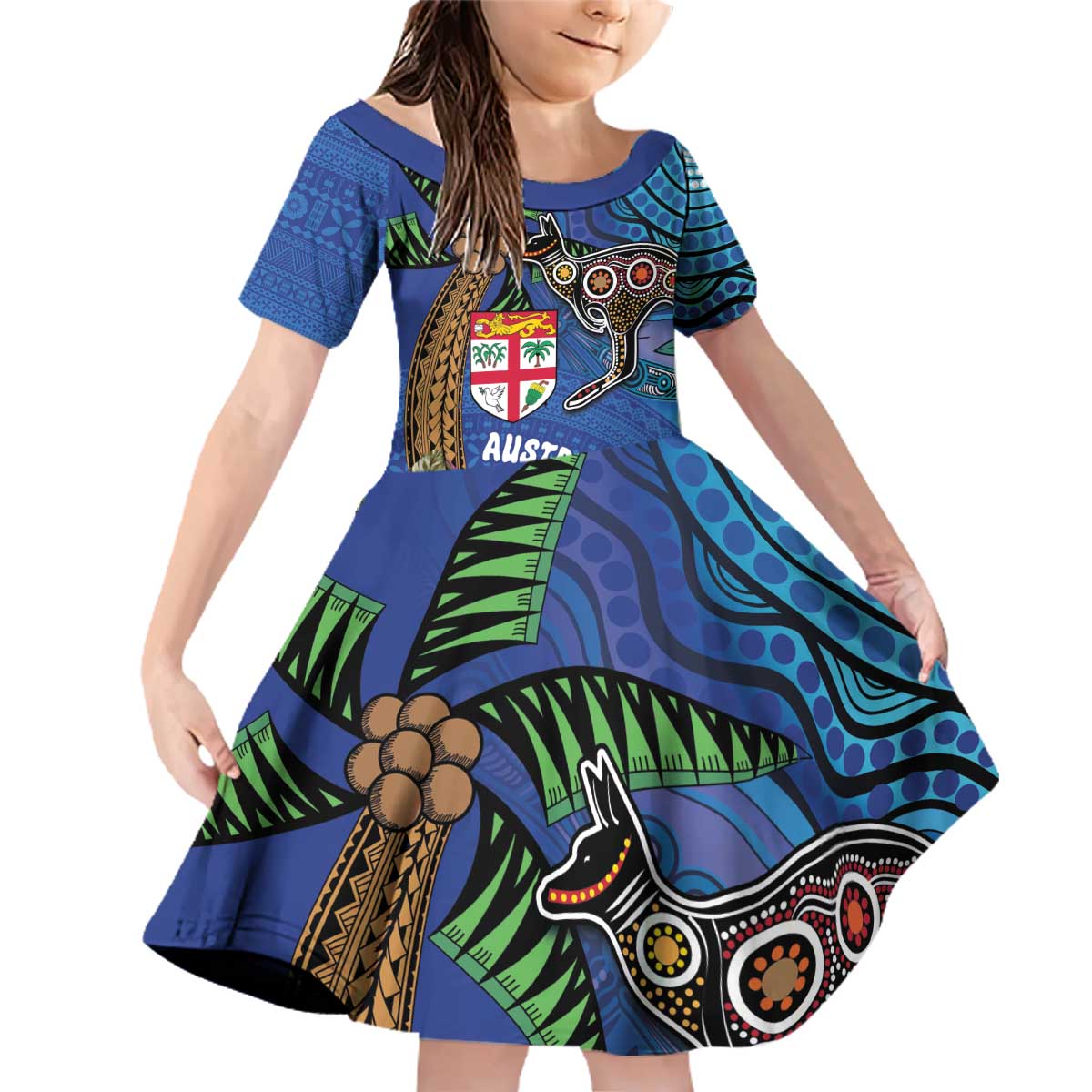 Fiji and Australia Together Family Matching Off Shoulder Short Dress and Hawaiian Shirt Aboriginal Kangaroo and Tapa Tribal Hibiscus LT03 Daughter's Dress Blue - Polynesian Pride