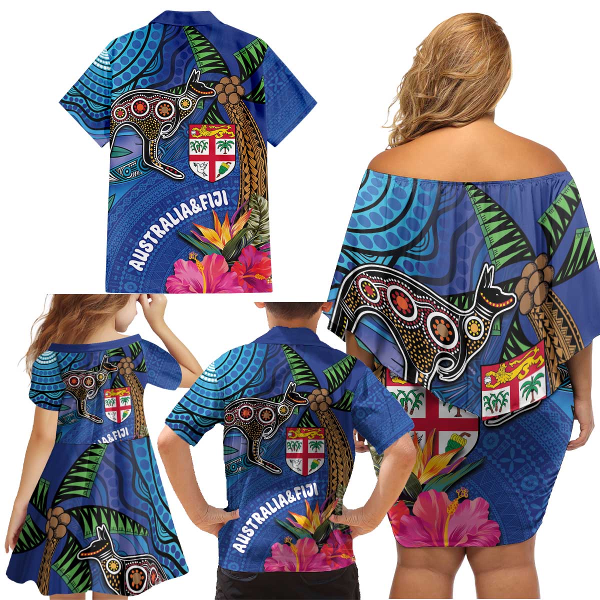 Fiji and Australia Together Family Matching Off Shoulder Short Dress and Hawaiian Shirt Aboriginal Kangaroo and Tapa Tribal Hibiscus LT03 - Polynesian Pride