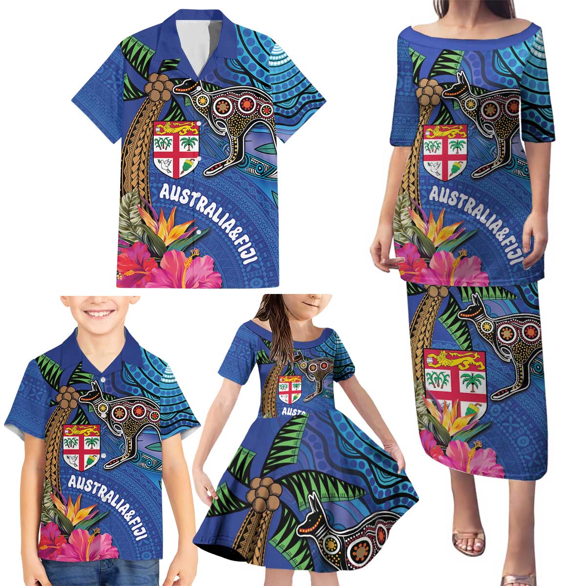Fiji and Australia Together Family Matching Puletasi and Hawaiian Shirt Aboriginal Kangaroo and Tapa Tribal Hibiscus LT03 - Polynesian Pride