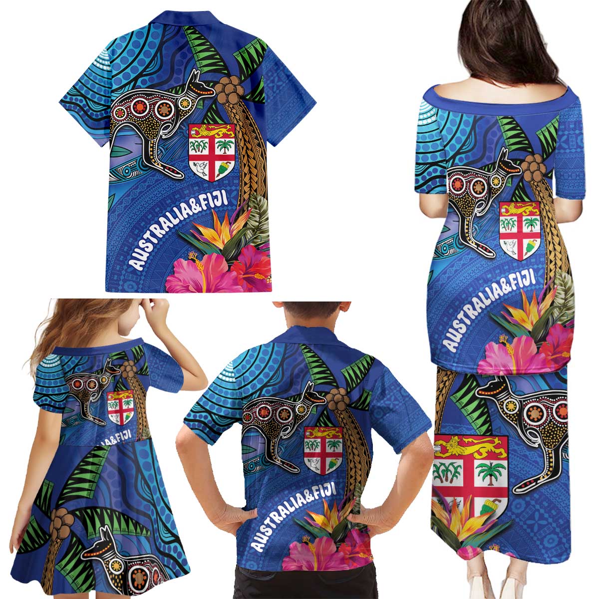 Fiji and Australia Together Family Matching Puletasi and Hawaiian Shirt Aboriginal Kangaroo and Tapa Tribal Hibiscus LT03 - Polynesian Pride