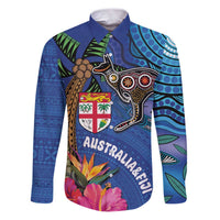 Fiji and Australia Together Family Matching Puletasi and Hawaiian Shirt Aboriginal Kangaroo and Tapa Tribal Hibiscus LT03 Dad's Shirt - Long Sleeve Blue - Polynesian Pride