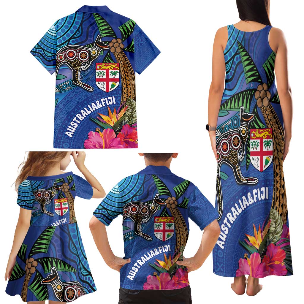 Fiji and Australia Together Family Matching Tank Maxi Dress and Hawaiian Shirt Aboriginal Kangaroo and Tapa Tribal Hibiscus LT03 - Polynesian Pride