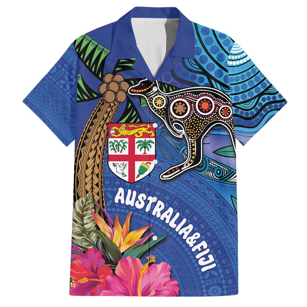 Fiji and Australia Together Family Matching Tank Maxi Dress and Hawaiian Shirt Aboriginal Kangaroo and Tapa Tribal Hibiscus LT03 Dad's Shirt - Short Sleeve Blue - Polynesian Pride