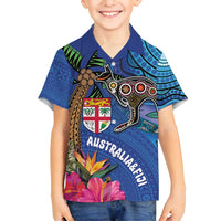 Fiji and Australia Together Family Matching Tank Maxi Dress and Hawaiian Shirt Aboriginal Kangaroo and Tapa Tribal Hibiscus LT03 Son's Shirt Blue - Polynesian Pride