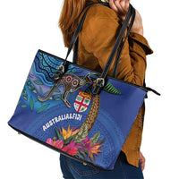 Fiji and Australia Together Leather Tote Bag Aboriginal Kangaroo and Tapa Tribal Hibiscus