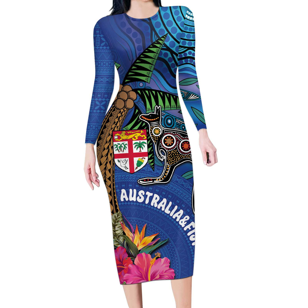 Fiji and Australia Together Long Sleeve Bodycon Dress Aboriginal Kangaroo and Tapa Tribal Hibiscus LT03 Long Dress Blue - Polynesian Pride