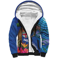 Fiji and Australia Together Sherpa Hoodie Aboriginal Kangaroo and Tapa Tribal Hibiscus LT03 Unisex Blue - Polynesian Pride