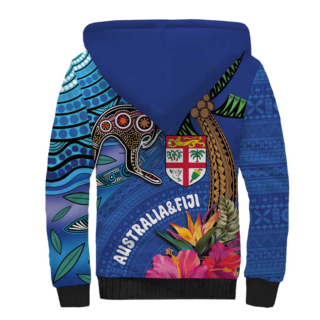 Fiji and Australia Together Sherpa Hoodie Aboriginal Kangaroo and Tapa Tribal Hibiscus LT03 - Polynesian Pride