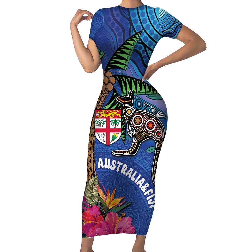 Fiji and Australia Together Short Sleeve Bodycon Dress Aboriginal Kangaroo and Tapa Tribal Hibiscus LT03 Long Dress Blue - Polynesian Pride