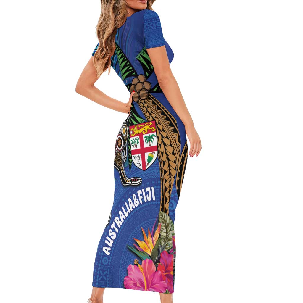 Fiji and Australia Together Short Sleeve Bodycon Dress Aboriginal Kangaroo and Tapa Tribal Hibiscus LT03 - Polynesian Pride