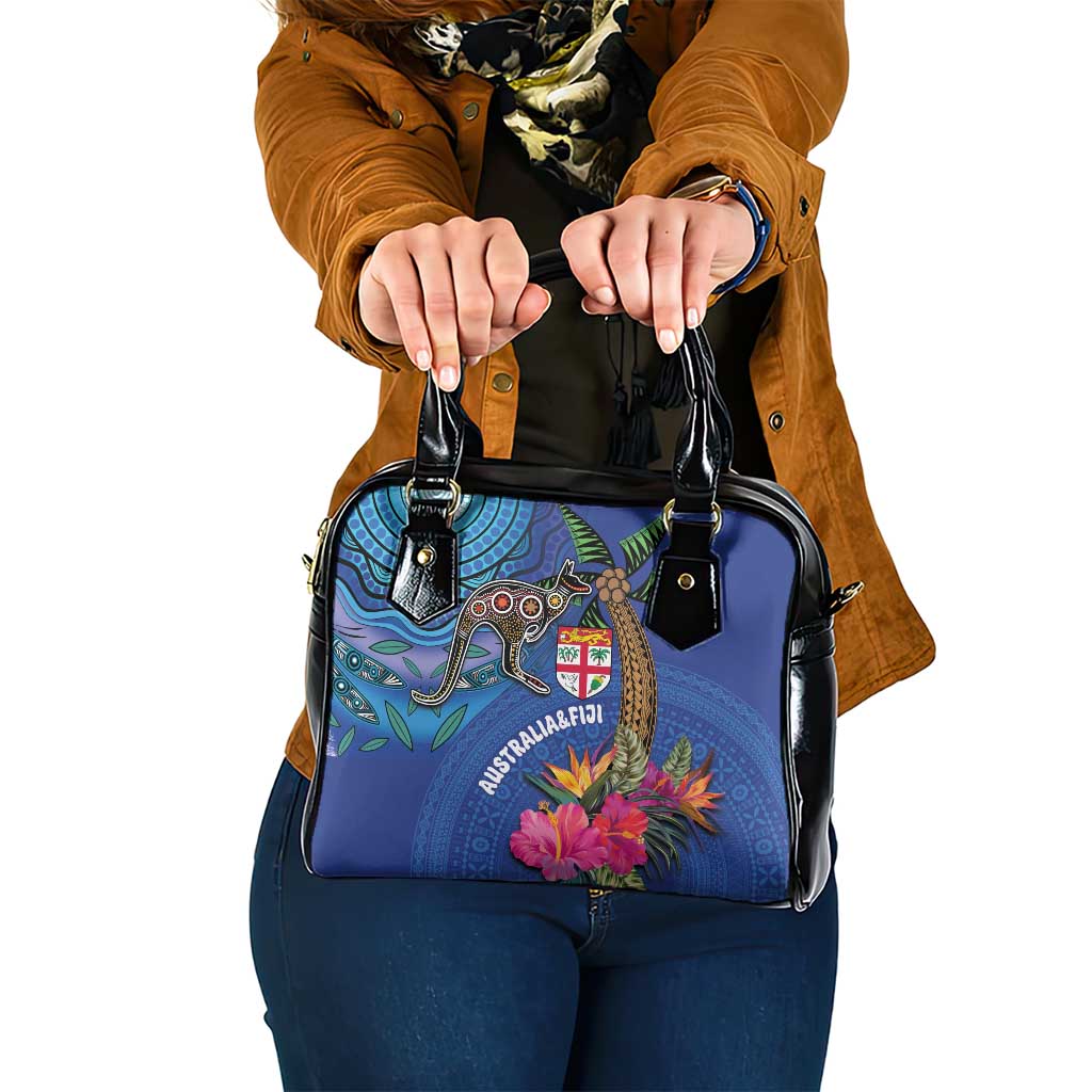 Fiji and Australia Together Shoulder Handbag Aboriginal Kangaroo and Tapa Tribal Hibiscus LT03 One Size Blue - Polynesian Pride