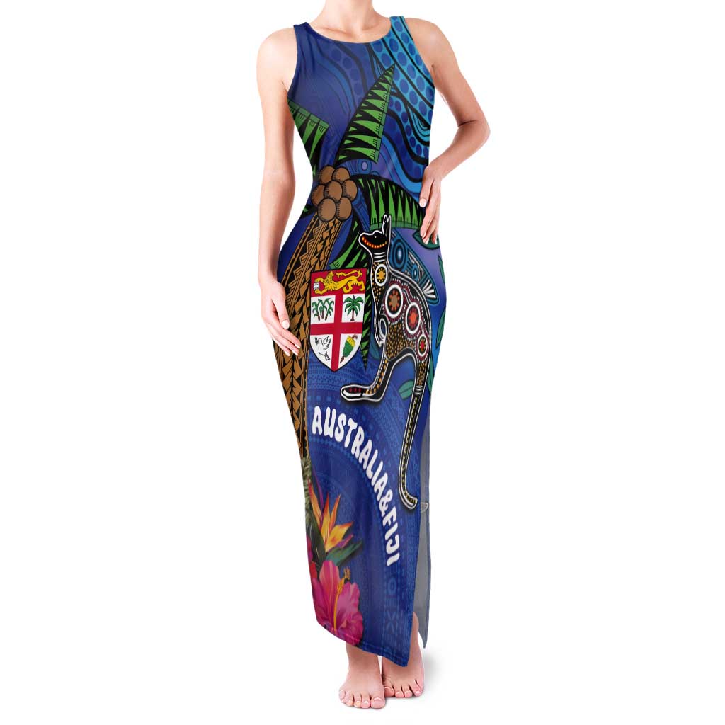 Fiji and Australia Together Tank Maxi Dress Aboriginal Kangaroo and Tapa Tribal Hibiscus LT03 Women Blue - Polynesian Pride