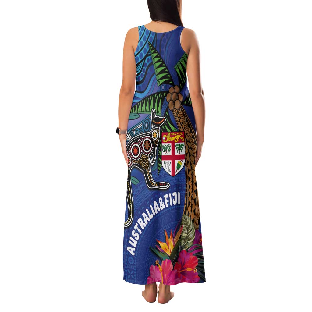 Fiji and Australia Together Tank Maxi Dress Aboriginal Kangaroo and Tapa Tribal Hibiscus LT03 - Polynesian Pride