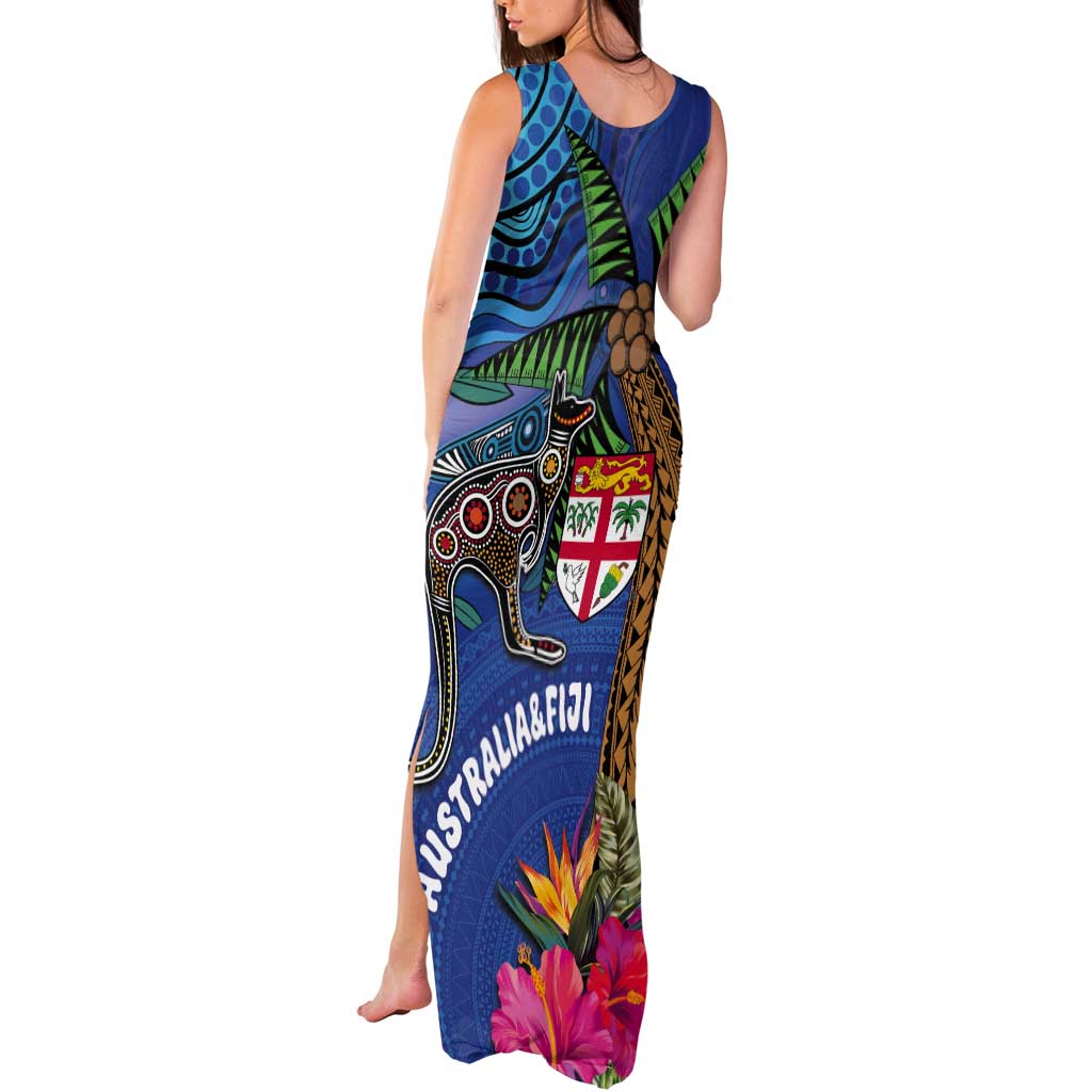 Fiji and Australia Together Tank Maxi Dress Aboriginal Kangaroo and Tapa Tribal Hibiscus LT03 - Polynesian Pride