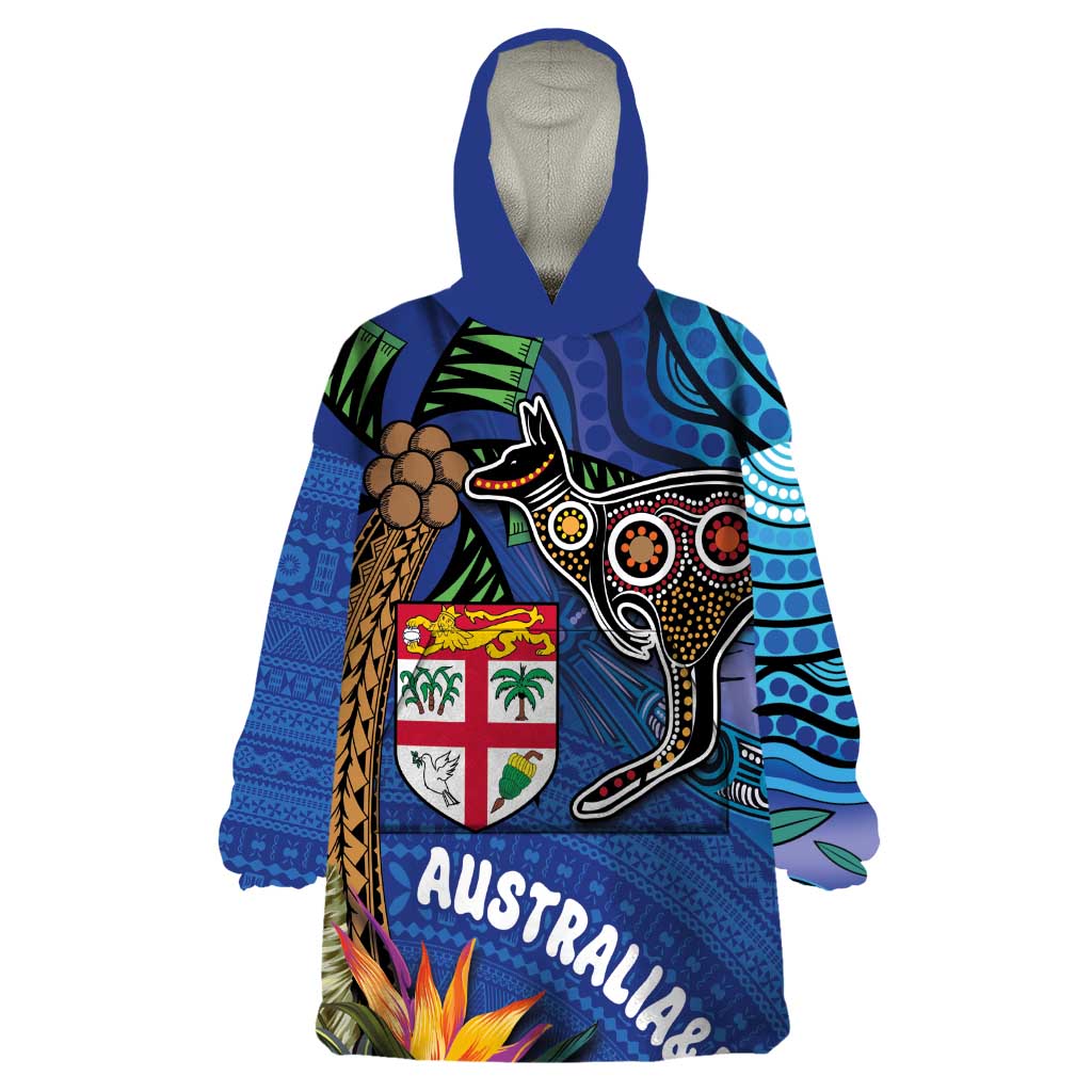 Fiji and Australia Together Wearable Blanket Hoodie Aboriginal Kangaroo and Tapa Tribal Hibiscus LT03 One Size Blue - Polynesian Pride