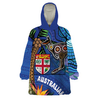 Fiji and Australia Together Wearable Blanket Hoodie Aboriginal Kangaroo and Tapa Tribal Hibiscus LT03 One Size Blue - Polynesian Pride