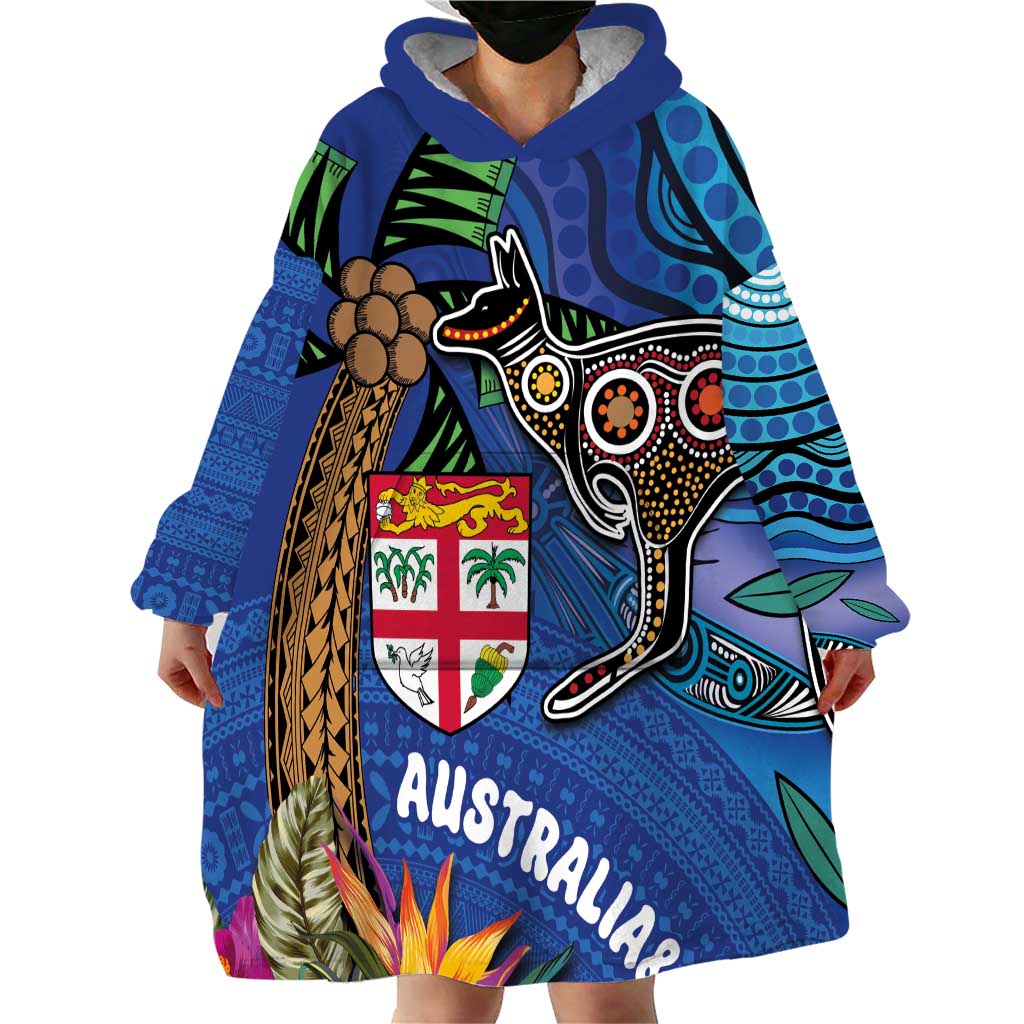Fiji and Australia Together Wearable Blanket Hoodie Aboriginal Kangaroo and Tapa Tribal Hibiscus LT03 - Polynesian Pride