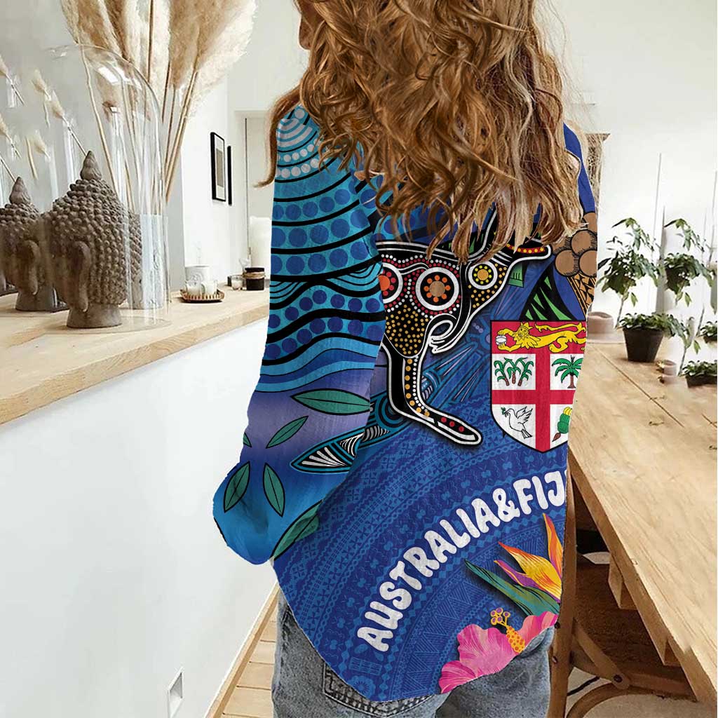 Fiji and Australia Together Women Casual Shirt Aboriginal Kangaroo and Tapa Tribal Hibiscus LT03 - Polynesian Pride