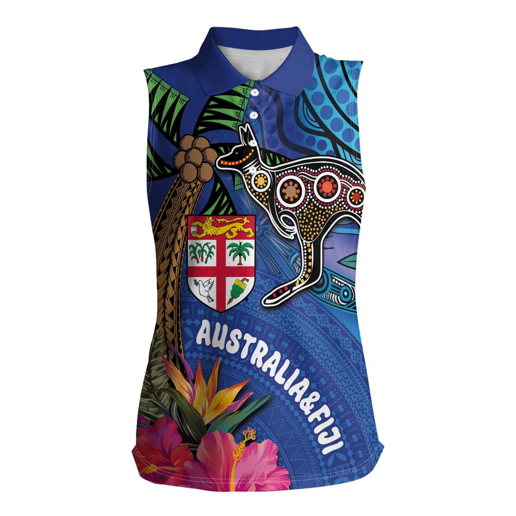 Fiji and Australia Together Women Sleeveless Polo Shirt Aboriginal Kangaroo and Tapa Tribal Hibiscus LT03 Female Blue - Polynesian Pride