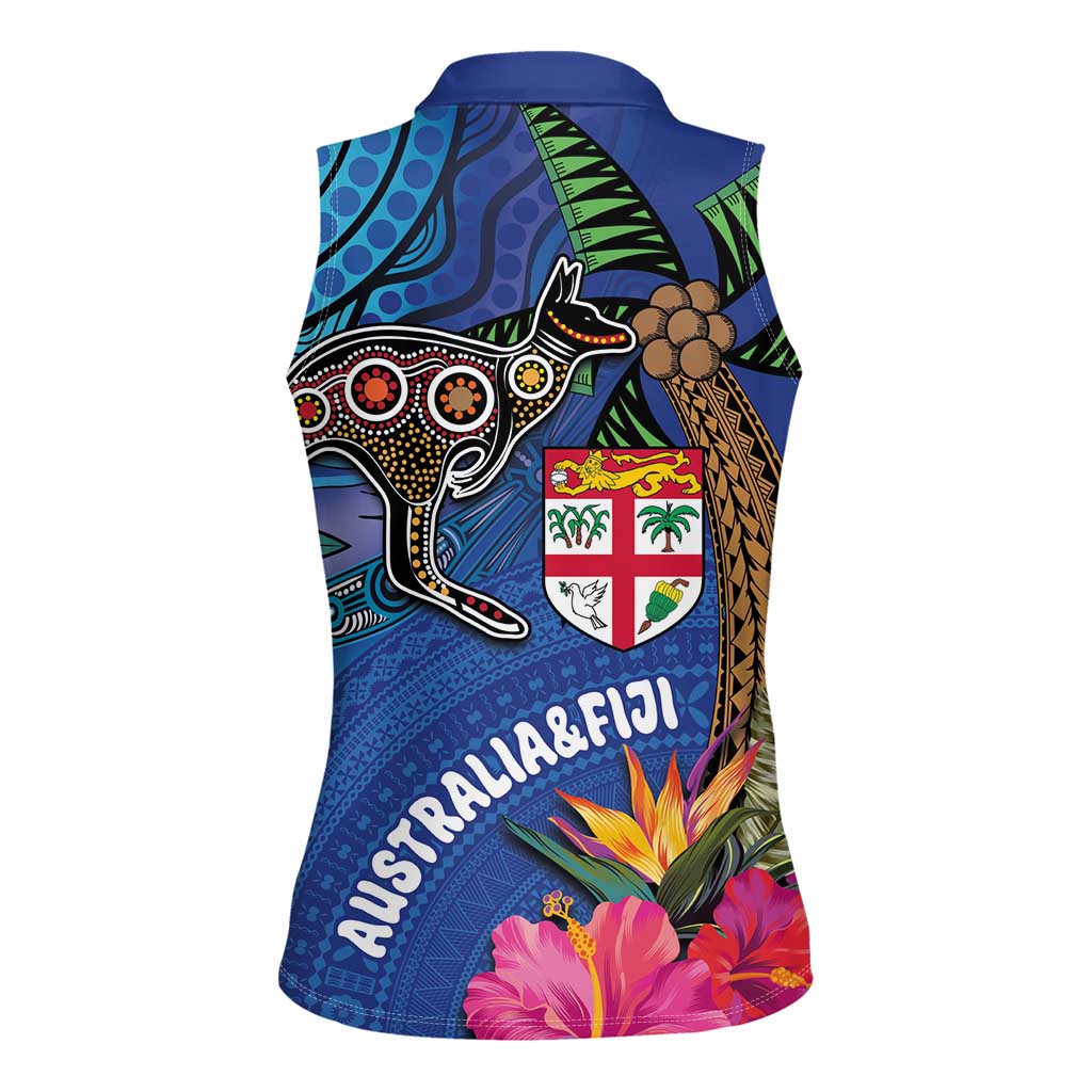 Fiji and Australia Together Women Sleeveless Polo Shirt Aboriginal Kangaroo and Tapa Tribal Hibiscus LT03 - Polynesian Pride