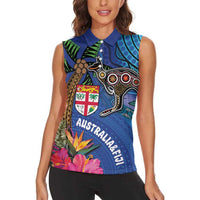 Fiji and Australia Together Women Sleeveless Polo Shirt Aboriginal Kangaroo and Tapa Tribal Hibiscus LT03 - Polynesian Pride