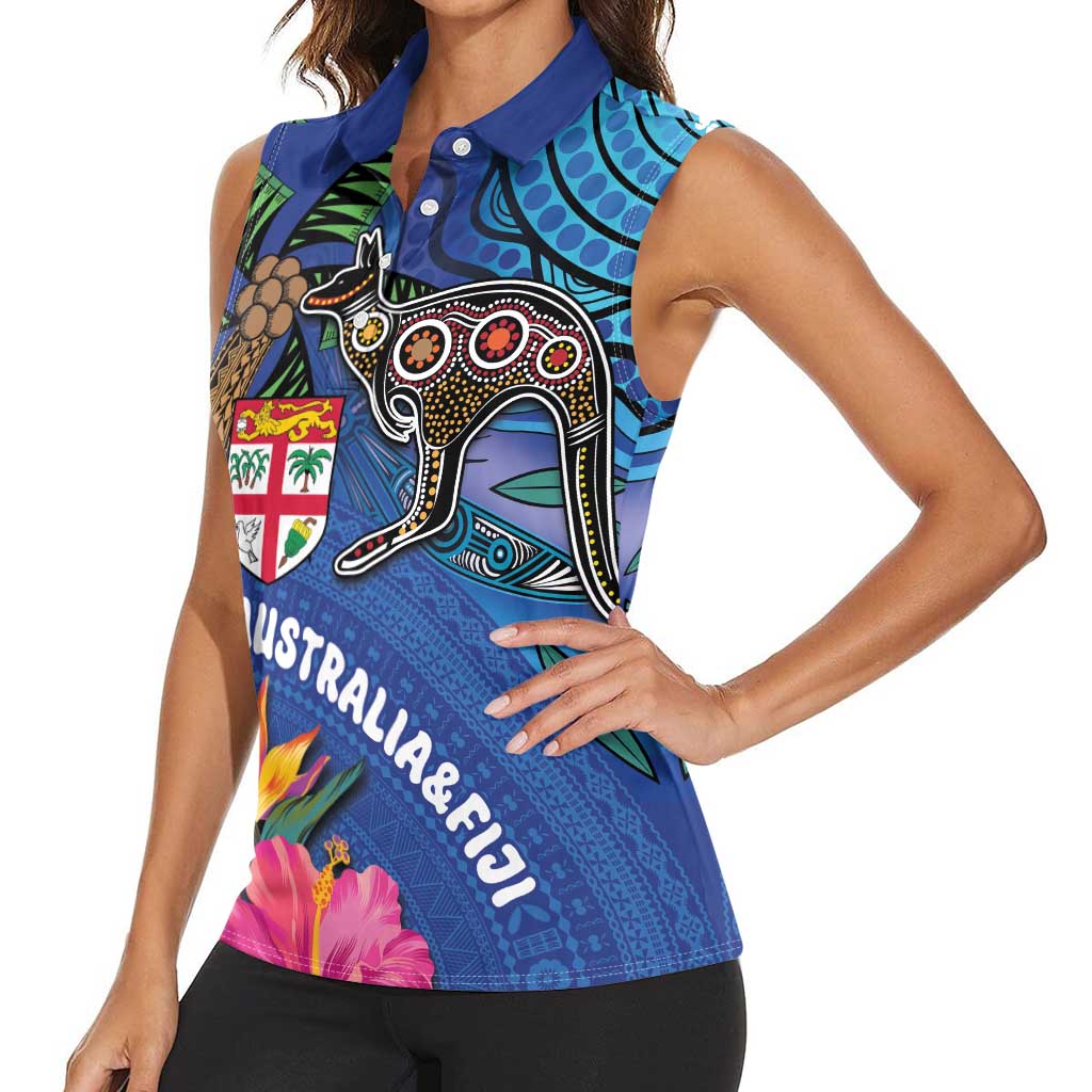Fiji and Australia Together Women Sleeveless Polo Shirt Aboriginal Kangaroo and Tapa Tribal Hibiscus LT03 - Polynesian Pride