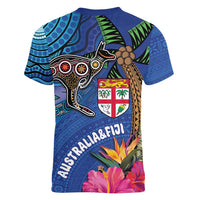 Fiji and Australia Together Women V-Neck T-Shirt Aboriginal Kangaroo and Tapa Tribal Hibiscus LT03 - Polynesian Pride