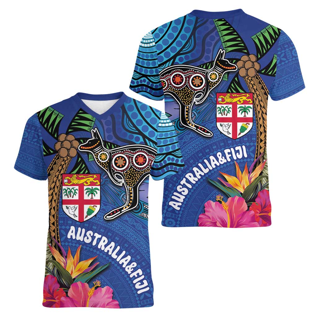 Fiji and Australia Together Women V-Neck T-Shirt Aboriginal Kangaroo and Tapa Tribal Hibiscus LT03 - Polynesian Pride