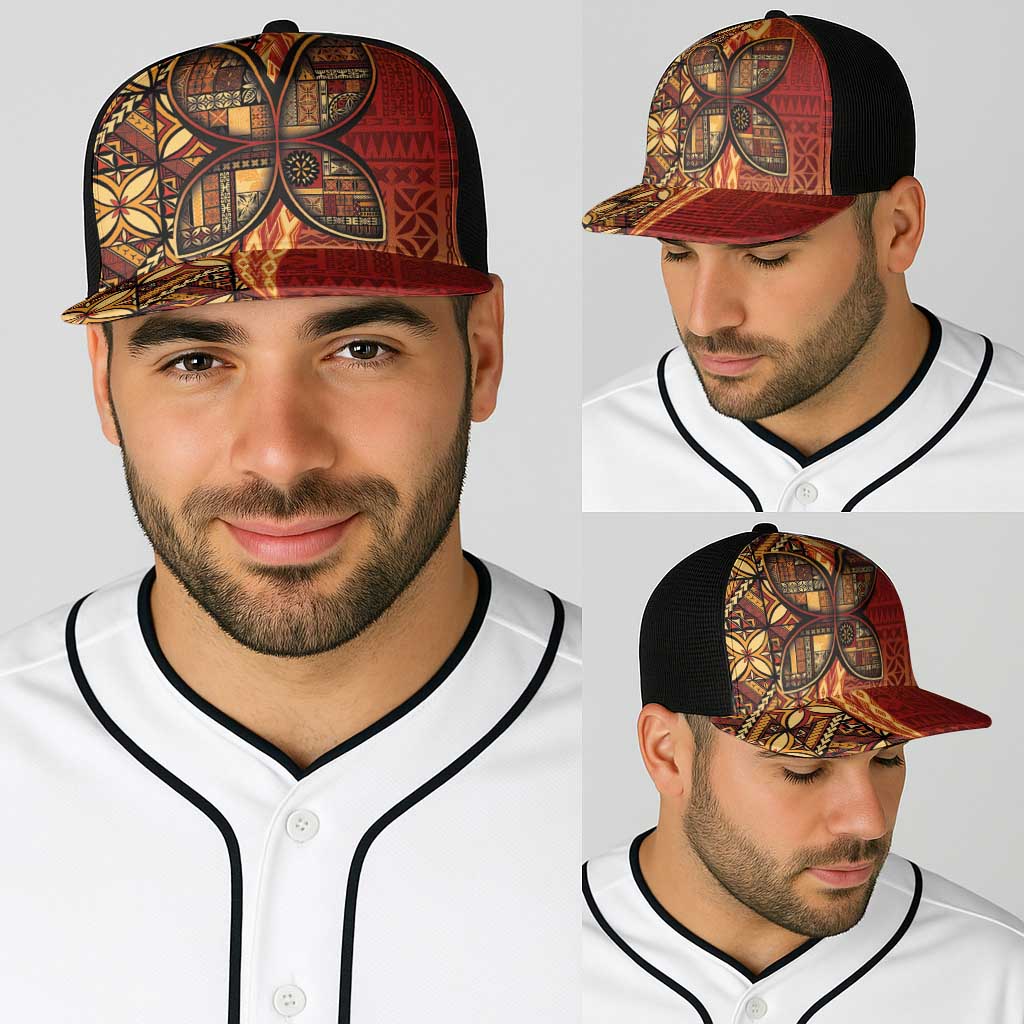 Samoan Pacific Tribal Flower Geometric Art Tattoos Baseball Net Cap Siapo Pattern Flame Sunset - Polynesian Pride