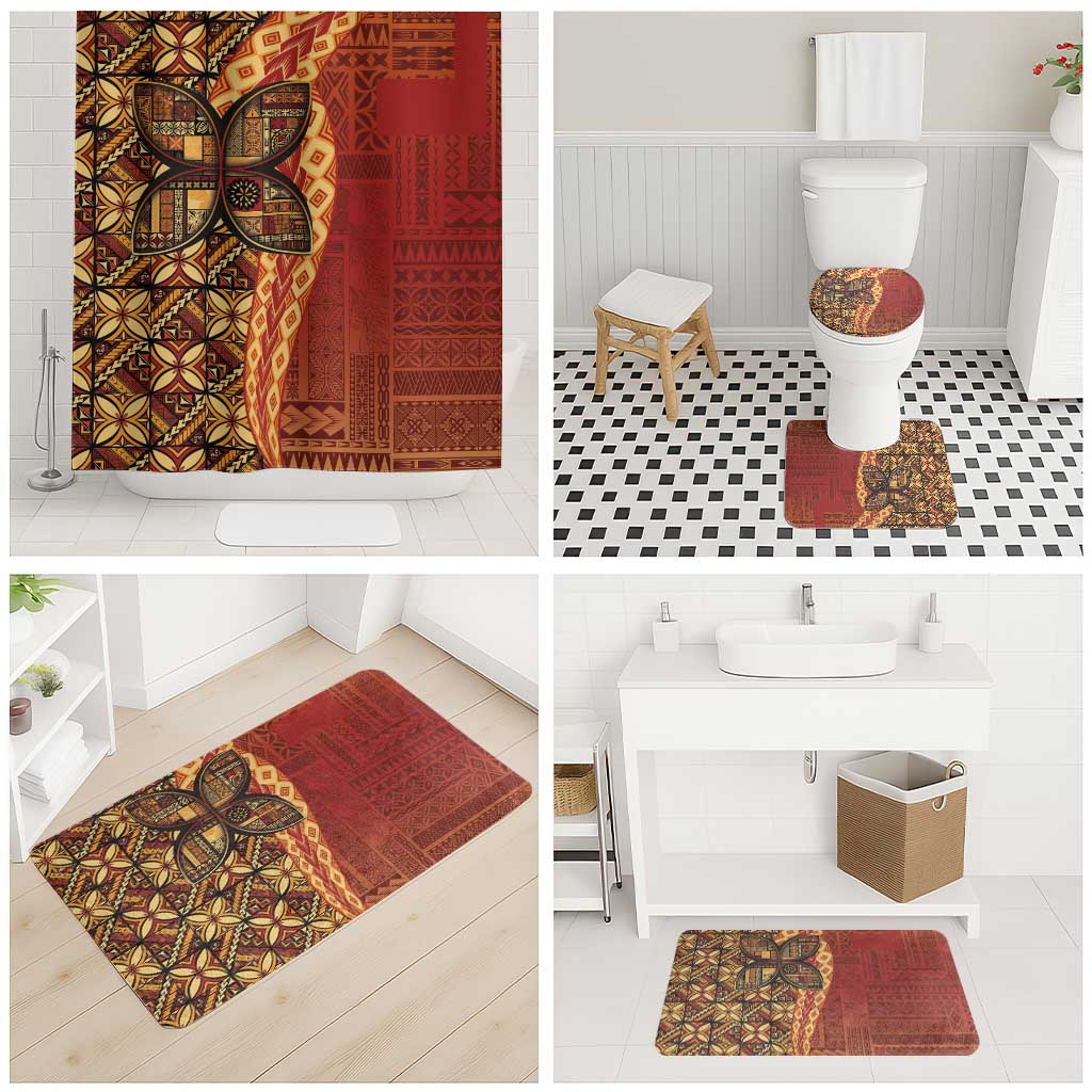 Samoan Pacific Tribal Flower Geometric Art Tattoos Bathroom Set Siapo Pattern Flame Sunset - Polynesian Pride