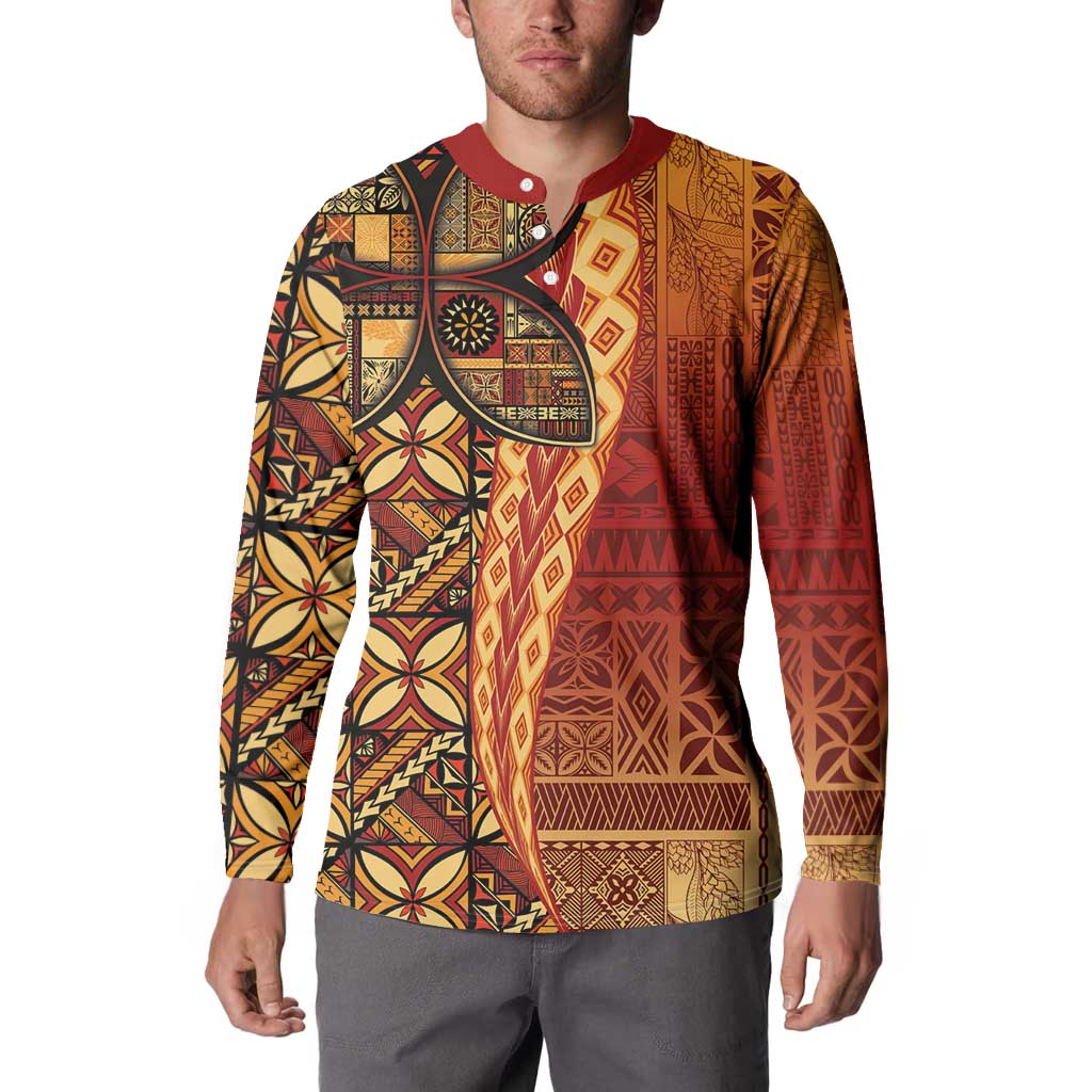 Samoan Pacific Tribal Flower Geometric Art Tattoos Button Sweatshirt Siapo Pattern Flame Sunset - Polynesian Pride