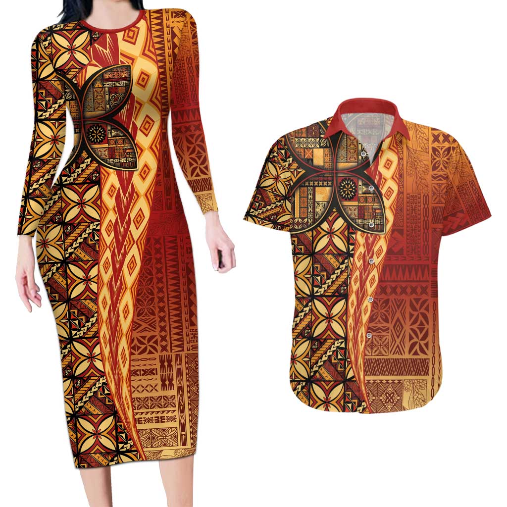 Samoan Pacific Tribal Flower Geometric Art Tattoos Couples Matching Long Sleeve Bodycon Dress and Hawaiian Shirt Siapo Pattern Flame Sunset LT03 Red - Polynesian Pride
