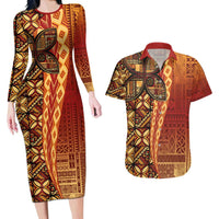 Samoan Pacific Tribal Flower Geometric Art Tattoos Couples Matching Long Sleeve Bodycon Dress and Hawaiian Shirt Siapo Pattern Flame Sunset LT03 Red - Polynesian Pride
