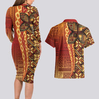 Samoan Pacific Tribal Flower Geometric Art Tattoos Couples Matching Long Sleeve Bodycon Dress and Hawaiian Shirt Siapo Pattern Flame Sunset LT03 - Polynesian Pride