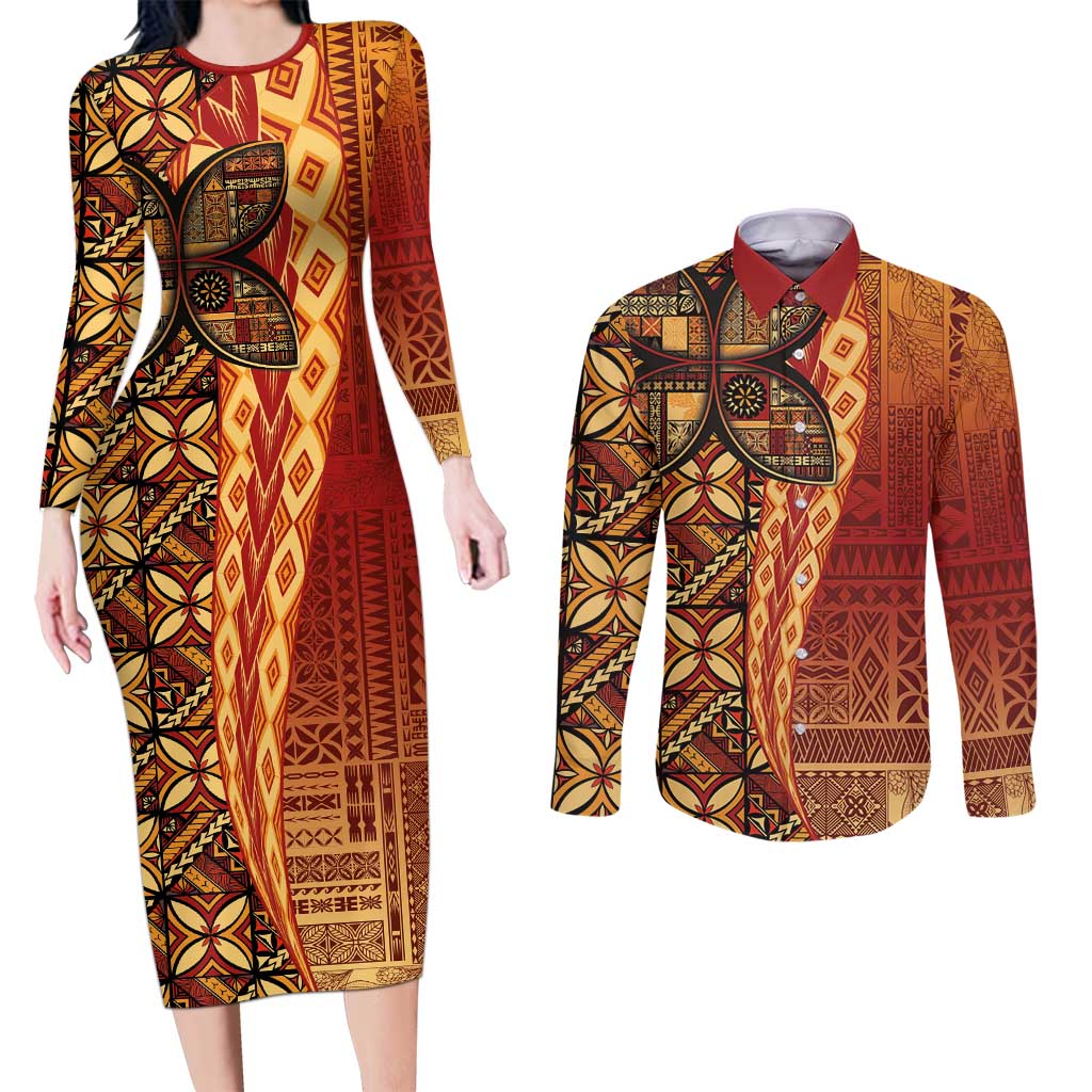 Samoan Pacific Tribal Flower Geometric Art Tattoos Couples Matching Long Sleeve Bodycon Dress and Long Sleeve Button Shirt Siapo Pattern Flame Sunset LT03 Red - Polynesian Pride
