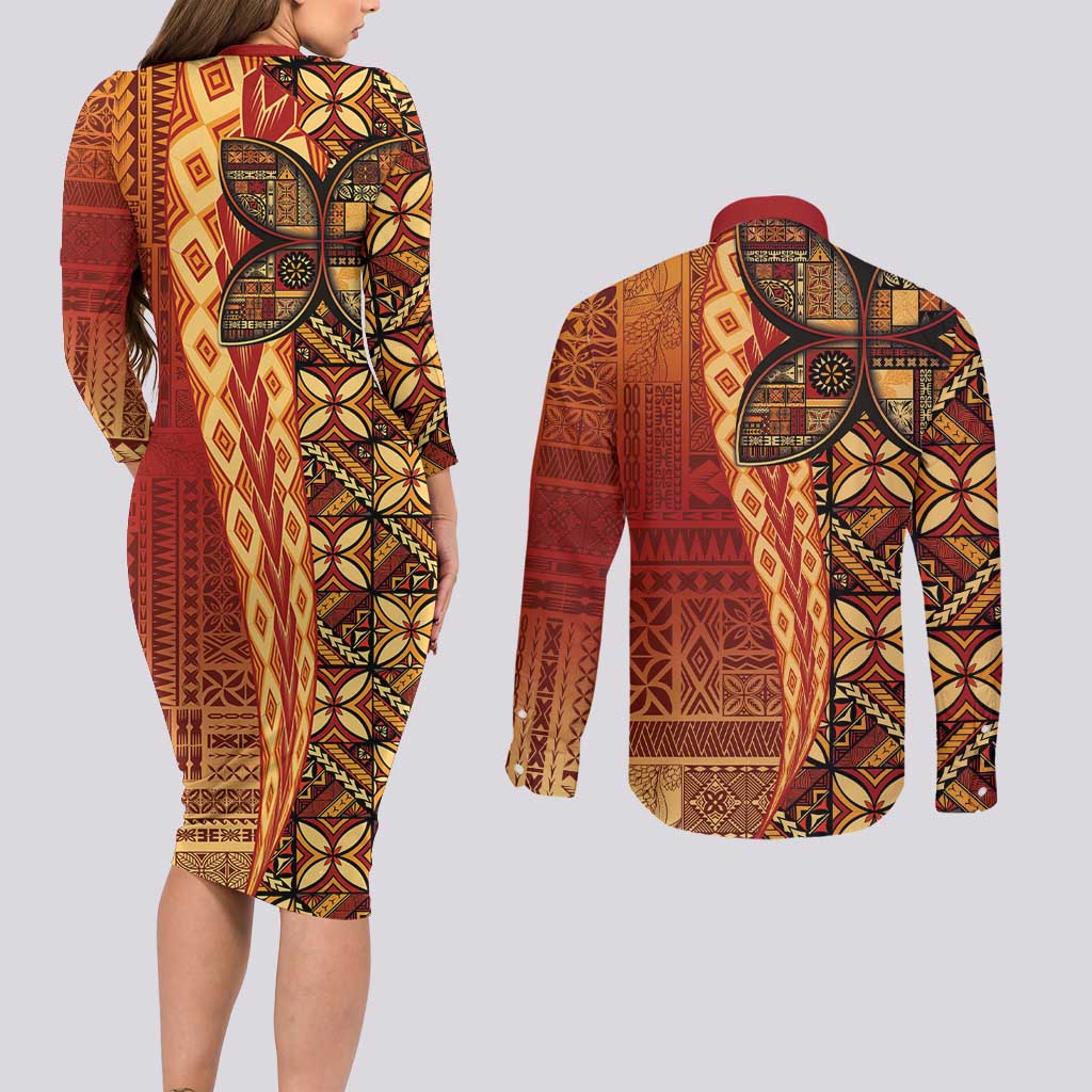 Samoan Pacific Tribal Flower Geometric Art Tattoos Couples Matching Long Sleeve Bodycon Dress and Long Sleeve Button Shirt Siapo Pattern Flame Sunset LT03 - Polynesian Pride