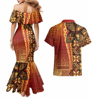 Samoan Pacific Tribal Flower Geometric Art Tattoos Couples Matching Mermaid Dress and Hawaiian Shirt Siapo Pattern Flame Sunset LT03 - Polynesian Pride