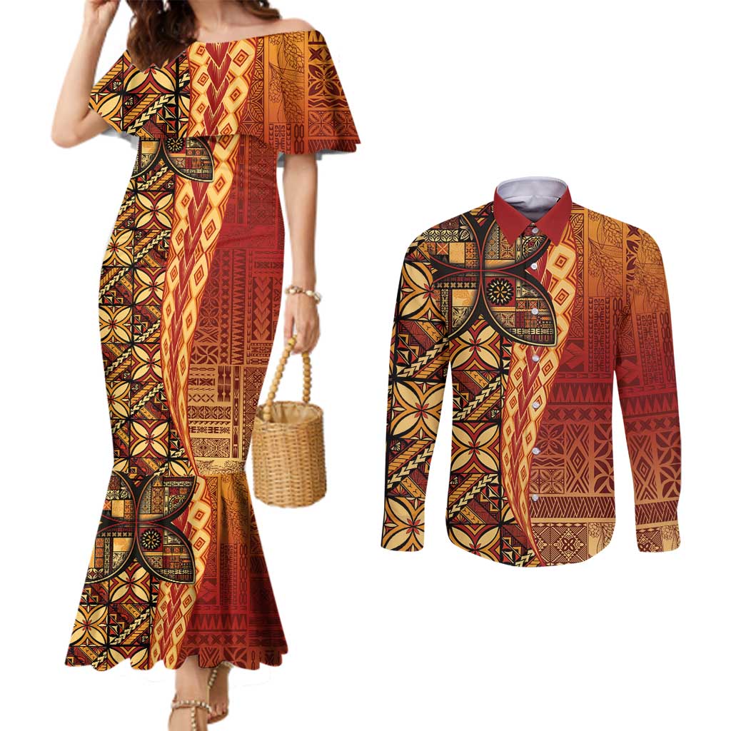 Samoan Pacific Tribal Flower Geometric Art Tattoos Couples Matching Mermaid Dress and Long Sleeve Button Shirt Siapo Pattern Flame Sunset LT03 Red - Polynesian Pride