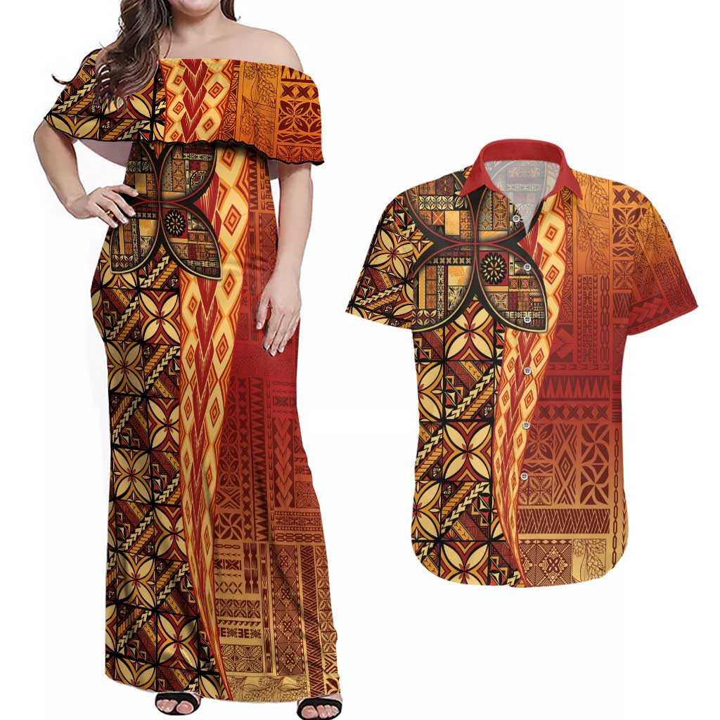 Samoan Pacific Tribal Flower Geometric Art Tattoos Couples Matching Off Shoulder Maxi Dress and Hawaiian Shirt Siapo Pattern Flame Sunset LT03 Red - Polynesian Pride