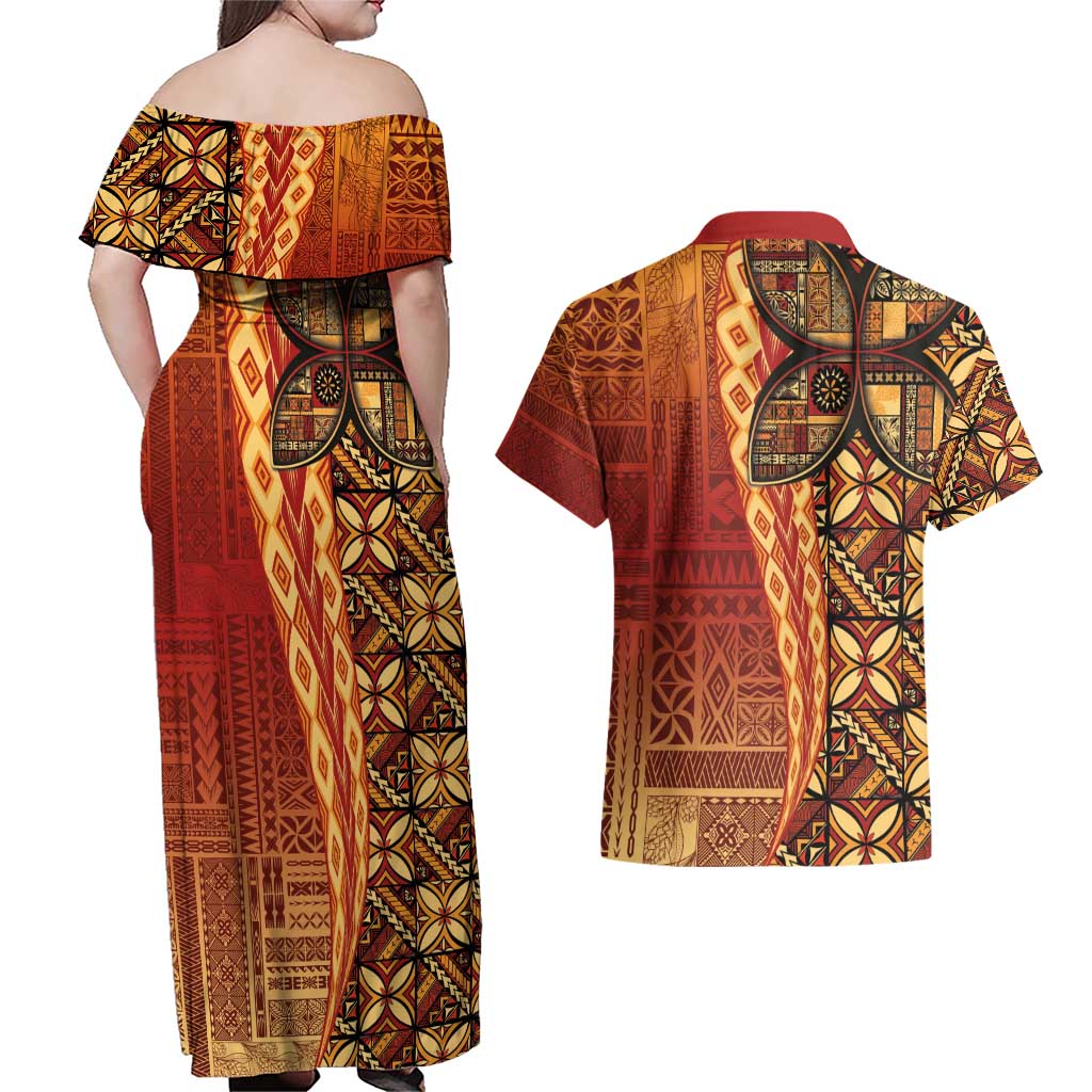 Samoan Pacific Tribal Flower Geometric Art Tattoos Couples Matching Off Shoulder Maxi Dress and Hawaiian Shirt Siapo Pattern Flame Sunset LT03 - Polynesian Pride