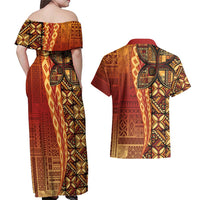 Samoan Pacific Tribal Flower Geometric Art Tattoos Couples Matching Off Shoulder Maxi Dress and Hawaiian Shirt Siapo Pattern Flame Sunset LT03 - Polynesian Pride