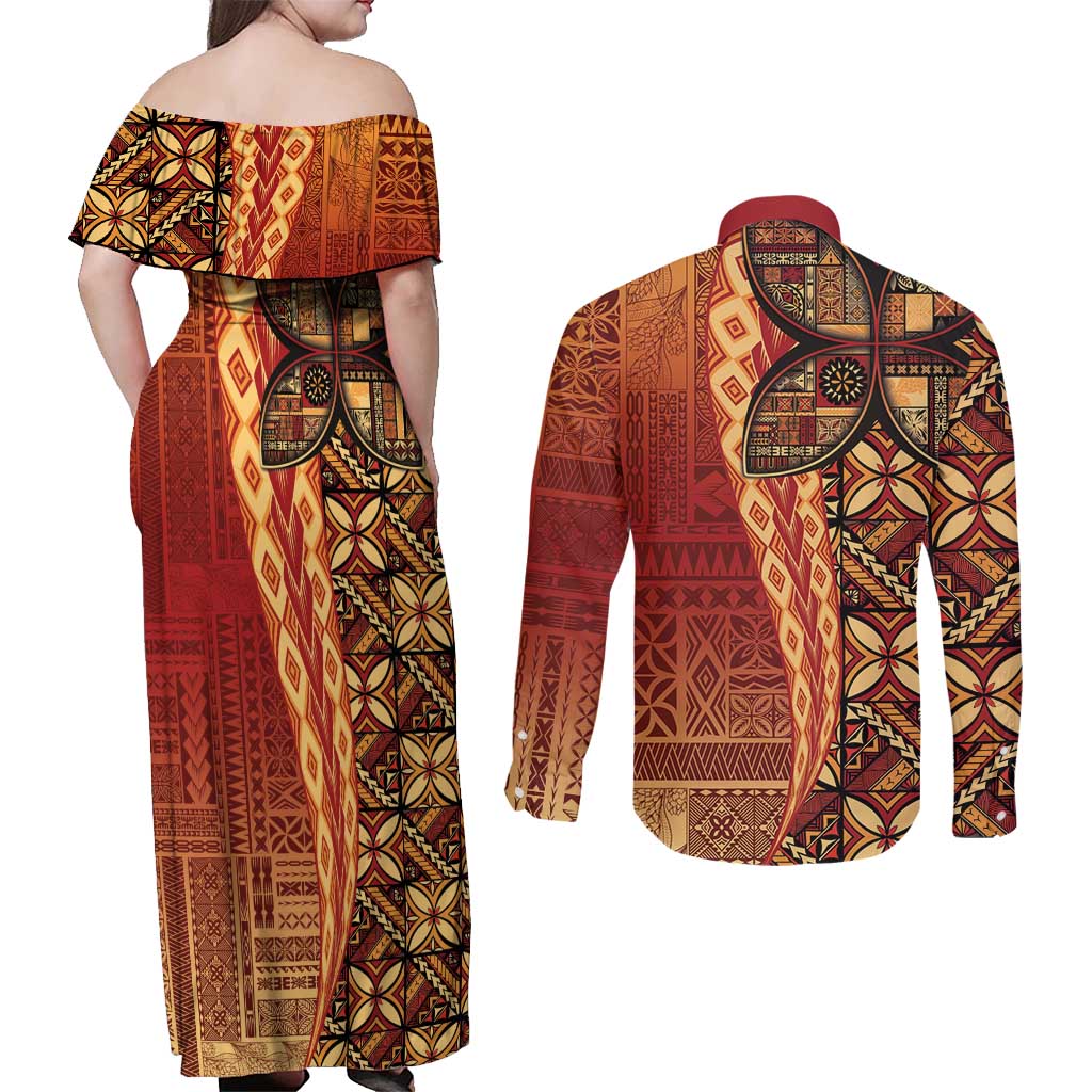 Samoan Pacific Tribal Flower Geometric Art Tattoos Couples Matching Off Shoulder Maxi Dress and Long Sleeve Button Shirt Siapo Pattern Flame Sunset LT03 - Polynesian Pride