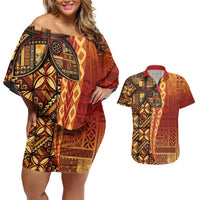 Samoan Pacific Tribal Flower Geometric Art Tattoos Couples Matching Off Shoulder Short Dress and Hawaiian Shirt Siapo Pattern Flame Sunset LT03 Red - Polynesian Pride