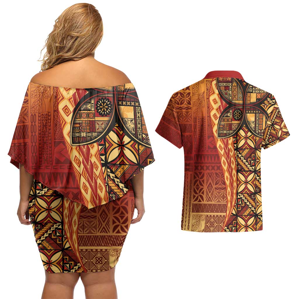 Samoan Pacific Tribal Flower Geometric Art Tattoos Couples Matching Off Shoulder Short Dress and Hawaiian Shirt Siapo Pattern Flame Sunset LT03 - Polynesian Pride